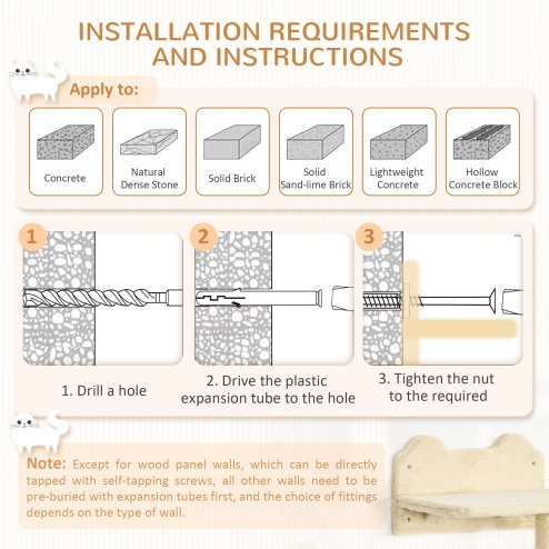 PawHut 4 Piece Cat Shelves Cat Wall Furniture Wall-Mounted Cat Tree for Indoor Cat w/ Hammock, Steps, Platforms, Scratching Post - Beige