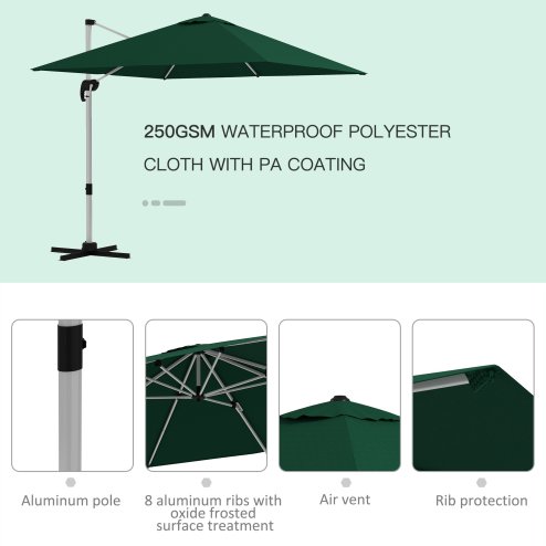Outsunny 3 x 3(m) Cantilever Roma Parasol, Square Garden Umbrella with Cross Base, Crank Handle, Tilt, 360 Rotation and Aluminium Frame, Green