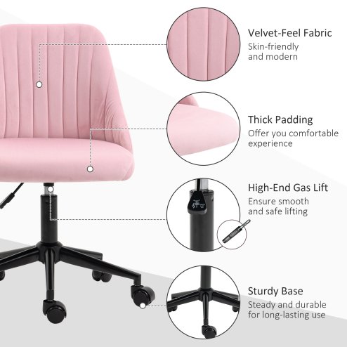 Vinsetto Armless Office Chair, Velvet Computer Desk Chair, Scallop Shape Swivel Chair with Adjustable Height and Wheels for Home Office Study Bedroom, Pink