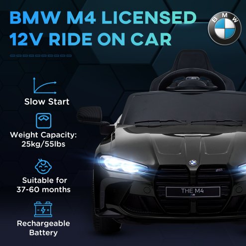 AIYAPLAY BMW M4 Licensed Electric Car for Kids, 12V Kids Electric Ride on with Remote Control, Suspension, Music, Horn, LED Lights, for Ages 3-5 Years, Black