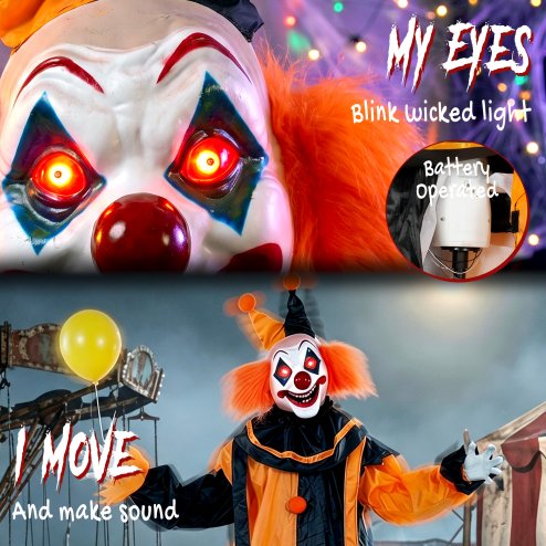 HOMCOM 190cm Life Size Animated Clown Halloween Decorations Outdoor Indoor, Scary Halloween Animatronics Decor with Sound Touch Activated, Red Light Up Eyes, Animated Prop for Haunted House Garden