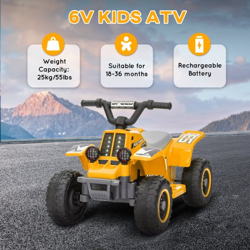 AIYAPLAY 6V Electric Car for Kids, Battery Powered Kids ATV, Quad Bike with Forward Backward, LED Headlights, for Ages 18-36 Months, Yellow
