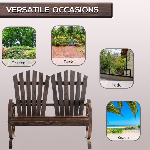 Outsunny 2 Seater Garden Bench, Comfortable Fir Wood Love Chair with Wagon Wheel-Shaped Armrests, Outdoor Adirondack Wooden Loveseats, Carbonized Colour