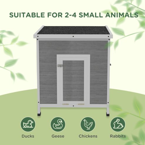 PawHut Wooden Duck House, Raised Poultry Coop with Ramp, Double Doors, Openable Asphalt Roof, Ventilation Holes, Removable Base, for 2-4 Ducks, Chickens, Geese, Light Grey