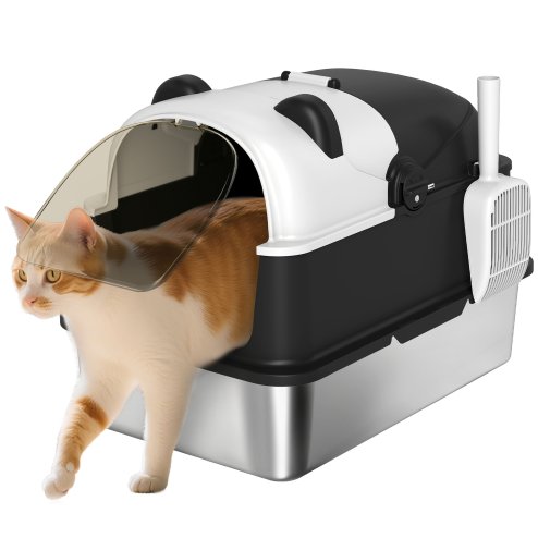 PawHut XL Stainless Steel Litter Box with Lid, Extra Large Enclosed Litter Tray with Scoop & 180 Flip Front Cover, Anti-Leakage, Non-Sticky, Non-Odour, Easy Cleaning, for Big Cats, Panda Style