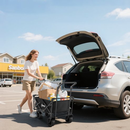 Outsunny 120L Festival Trolley on Wheels, Folding Camping Trolley Cart with Removable Canopy, All-Terrain Wheels, Adjustable Handle and Side Pockets for Garden Beach Fishing Shopping, Black