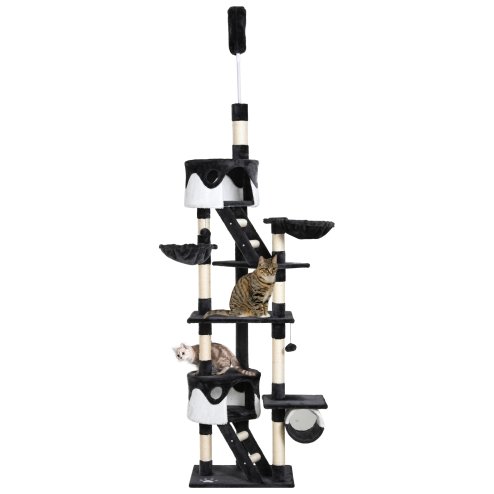 PawHut Floor to Ceiling Cat Tree, 240-260cm Adjustable Height Kitten Tower with Scratching Posts, Cat Houses, Ramps, Hammocks, Toy Balls, Tunnel for Indoor Use - White