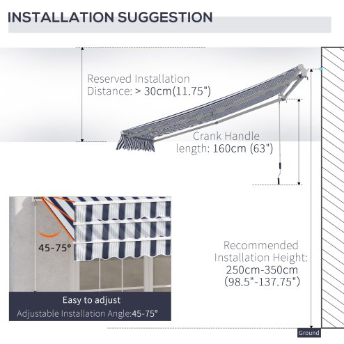 Outsunny 3m x 2.5m Garden Patio Manual Awning Canopy Sun Shade Shelter with Winding Handle Retractable Blue and White