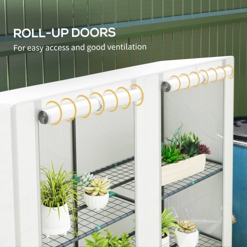 Outsunny 3 Tier Lean-to Mini Greenhouse with Reinforced PE Cover, Portable Small Greenhouse with Roll-Up Door, Grey Hemmed Edging, 144 x 48 x 152cm, White