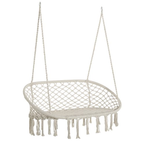 Outsunny 2-Seater Hanging Hammock Chair, Cotton-Polyester Blend Macrame Hanging Rope Chair with Metal Frame, for Patio, Garden, Balcony, Living Room, Cream White
