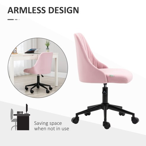 Vinsetto Armless Office Chair, Velvet Computer Desk Chair, Scallop Shape Swivel Chair with Adjustable Height and Wheels for Home Office Study Bedroom, Pink