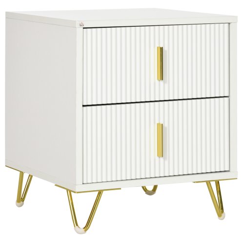 HOMCOM Modern 2 Drawer Dresser, Fluted Bedroom Dresser Chest of Drawers with Metal Legs and Steel Handles for Bedroom, White