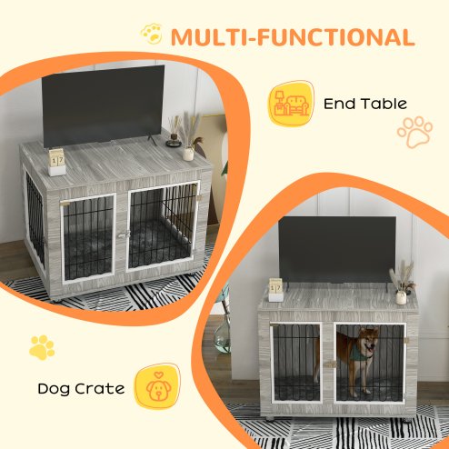 PawHut Dog Crate Furniture, Side End Table, Indoor Dog Kennel with Soft Washable Cushion, Wire Mesh, Large Top, for Large Dogs, 106 x 74 x 81.5, Grey