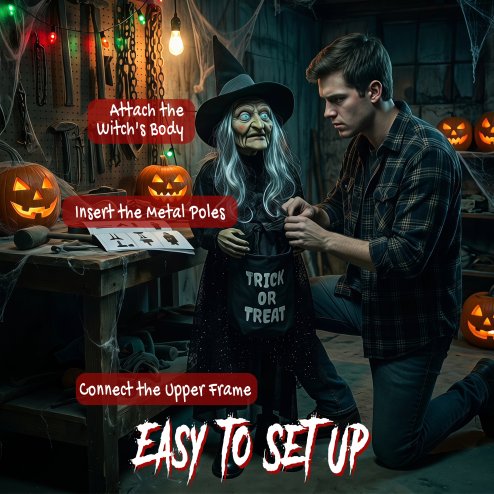 HOMCOM 94cm Animated Witch Halloween Decorations Outdoor Indoor, Scary Halloween Animatronics Decor with Sound Touch Activated, Candy Bag Prop with Light Up Eyes for House Garden Party