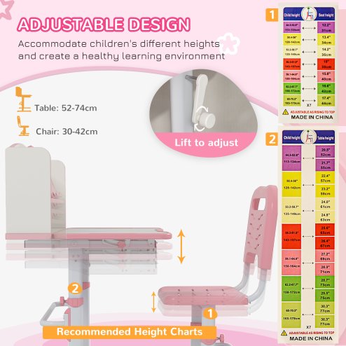 ZONEKIZ Kids Desk and Chair Set, Height Adjustable Children School Study Table with Drawer, Bookshelf, Adjustable Angle Tabletop, Non-slip Mat, for Ages 6-12 Years - Pink