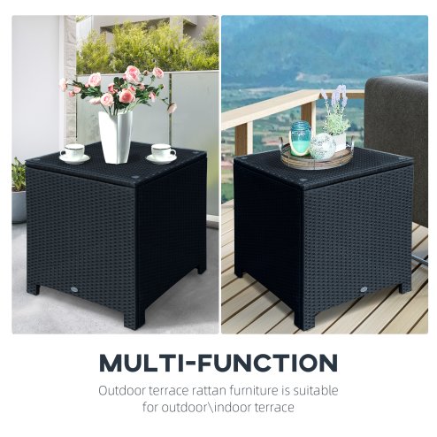 Outsunny Patio PE Rattan Side Table, Square Outdoor Coffee Table w/ Tempered Glass Top, Black