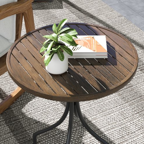 Outsunny 66cm Garden Side Table, Round Bistro Coffee Table, Outdoor Patio Table with Steel Frame and Slat Tabletop for Balcony and Porch, Brown Wood Grain