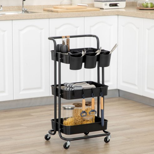 HOMCOM 3 Tier Utility Rolling Cart, Kitchen Cart with 3 Removable Mesh Baskets, 3 Hanging Box, 4 Hooks and Dividers for Living Room, Laundry, Garage, Black
