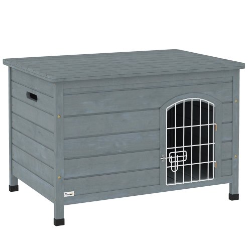 PawHut Wooden Dog House with Removable Bottom, Outdoor Dog Kennel with Wire Door, Openable Top, Pet Shelter for Small Dogs, 80 x 55 x 53.5cm, Dark Grey