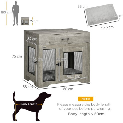 PawHut Indoor Dog Crate Furniture with Cushion, Double Doors, Pet Kennel End Table with Drawer, for Medium Dogs - Grey