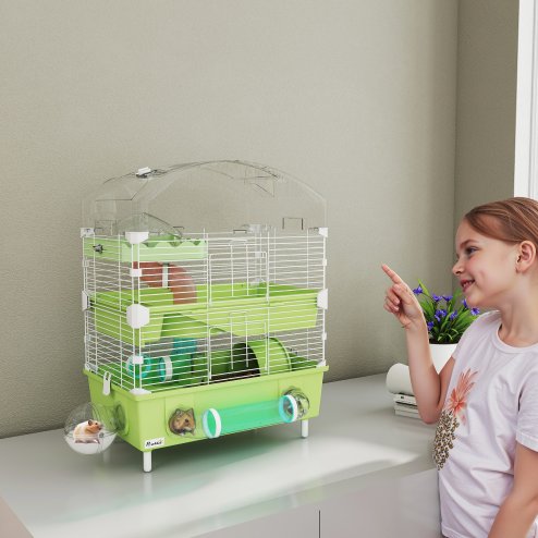 PawHut 3-Tier Hamster Cage, Hamster Habitat with Transparent Top, Sand Bathroom, Exercise Wheel, Hideout Room, Tubes, Small Animal Cage for Dwarf Hamster, 45 x 28 x 60 cm, Green