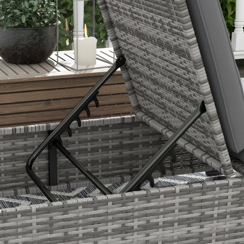 Outsunny Outdoor Patio PE Rattan Lounger with Cushion, 5-Level Reclining Wicker Rattan Sun Lounger with Tea Tray, for Poolside, Patio, Deck, 120kg Weight Capacity, Grey