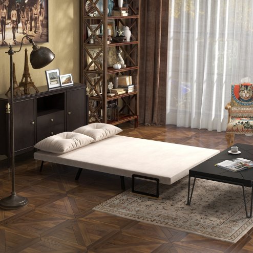 HOMCOM 2 Seater Sofa Bed, Click Clack Convertible Bed Settee, Modern Velvet Feel Fabric Sofa Couch with 2 Tufted Cushions, Wood Armrests for Living Room, Bedroom, Guest Room