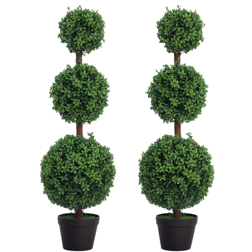 HOMCOM Set of 2 Decorative Artificial Trees, Topiary Ball-shaped Boxwood Trees in Pot, Fake Plants for Home Indoor outdoor Decor, 100cm, Green