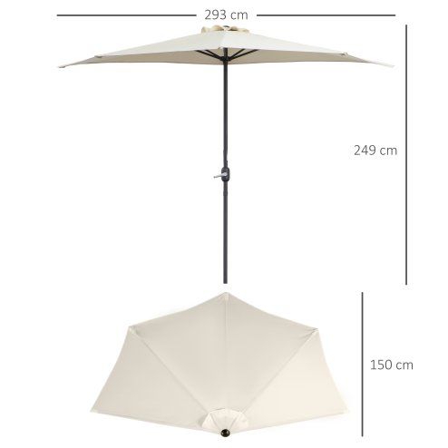 Outsunny 3(m) Half Parasol, Semi Round Umbrella with Metal Frame, Crank Handle for Balcony, Garden, Cream White