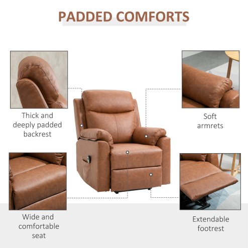 HOMCOM Power Lift Recliner Chair, Electric Lift Chair for Elderly, Overstuffed Faux Leather Riser and Reclining Armchair with Remote Control, Side Pockets, for Living Room, Brown