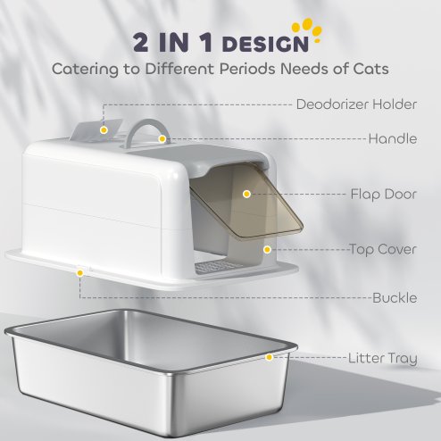 PawHut Stainless Steel Cat Litter Box, Extra Large Metal Cat Litter Tray with Lid, Scoop, Filter Bags, White