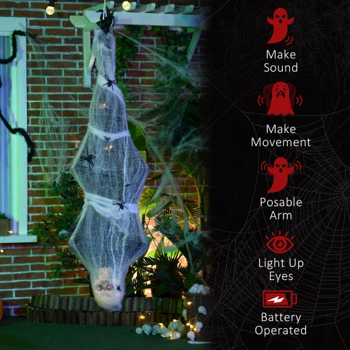 HOMCOM 4.7ft Life Size Outdoor Halloween Decoration Hanging Mummy with Spider Web, Animated Prop Decor with Sound and Motion Activated, Light Up Eyes, Howling Sound, Posable Arms, Moving Body