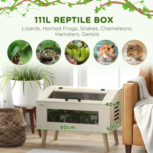 PawHut 111L Reptile Vivarium Terrarium with Tempered Glass Windows, Openable Top for Snake Lizards, Horned Frogs, Chameleons, Hamsters, Gerbils, 80 x 50 x 60cm