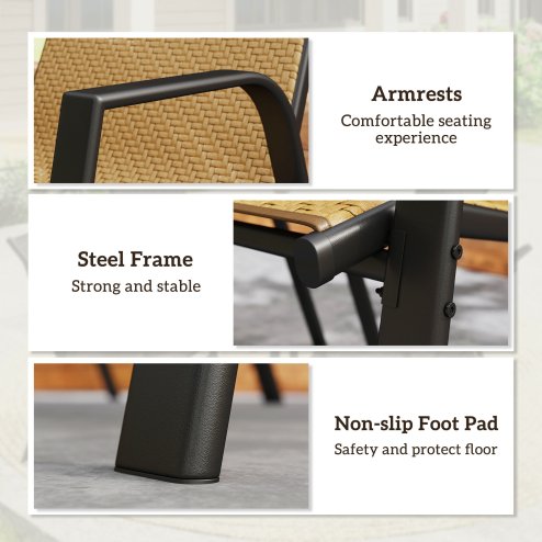 Outsunny Stackable Outdoor Chairs Set of 4, Rattan Garden Chairs with Armrests and Backrest for Deck, Khaki