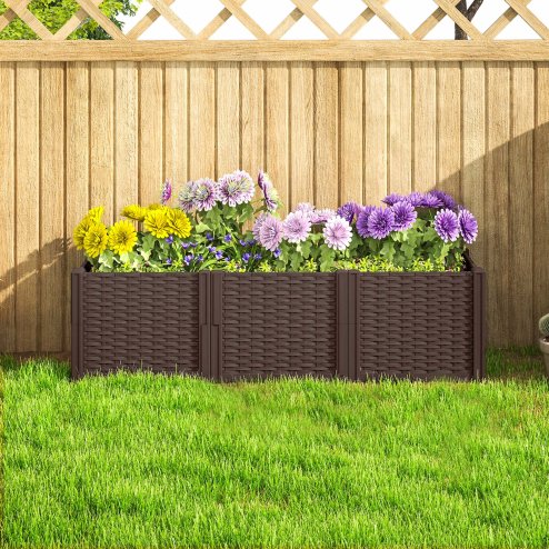 Outsunny Plastic Raised Garden Bed, Modular Planter Box Kit, Garden Fence Edging Border for Flowers, Vegetables, Herbs, Brown