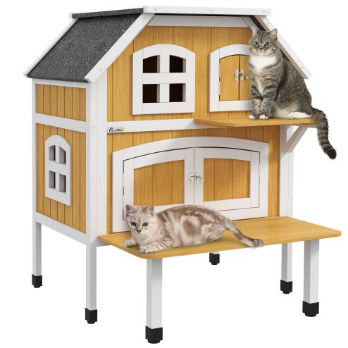 PawHut Wooden Outdoor Cat House, 2 Tiers Cat Shelter with Openable Asphalt Roof, Removable Panel, Escape Doors, Jumping Platform, Terrace, for 1-2 Cats - Yellow
