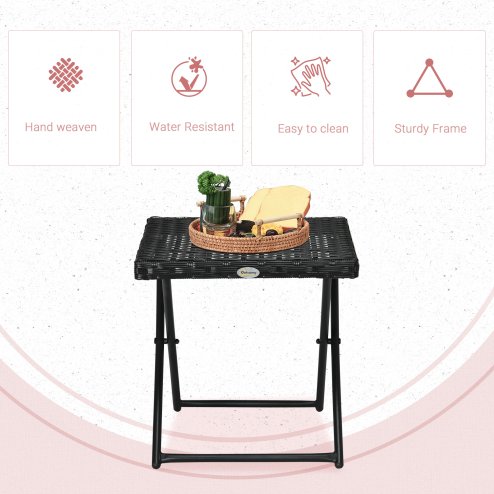 Outsunny Folding Rattan Garden Coffee Table, Small Square Outdoor Bistro Side Table with Rattan Top for Patio, Balcony, Porch, 40 x 40 x 40 cmBlack