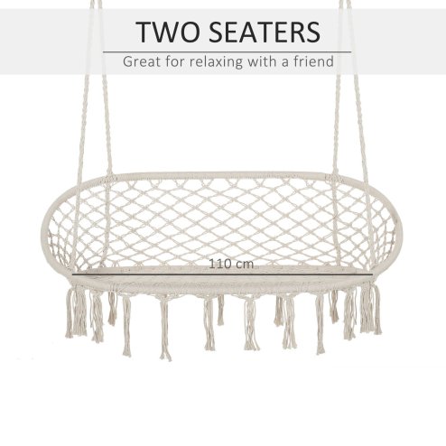 Outsunny 2-Seater Hanging Hammock Chair, Cotton-Polyester Blend Macrame Hanging Rope Chair with Metal Frame, for Patio, Garden, Balcony, Living Room, Cream White