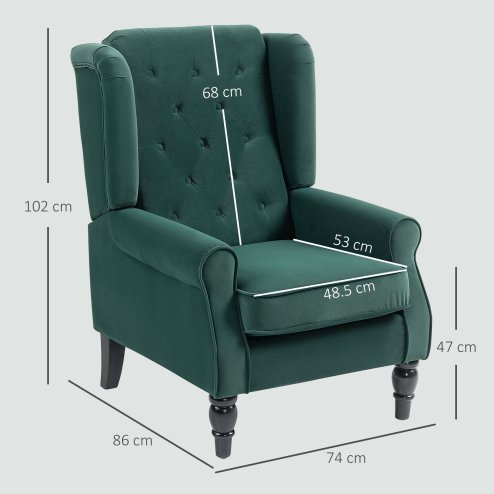 HOMCOM Retro Accent Chair, Velvet Wingback Armchair with Wood Frame Button Tufted Design for Living Room Bedroom, Green