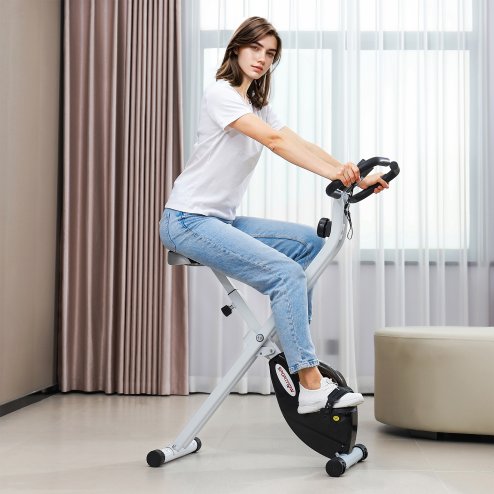 SPORTNOW Folding Exercise Bike, Quiet Stationary Bike with 8-Level Magnetic Resistance, Heart-Rate Sensor, Adjustable Seat and Wheels for Home Gym Workout, Black and White