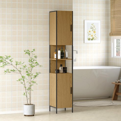 HOMCOM Tall Bathroom Cabinet, Slim Bathroom Storage Cabinet with 2 Doors, Open Compartments and Adjustable Shelves, Freestanding Storage Cupboard, 33 x 33 x 185 cm, Natural Wood Finish