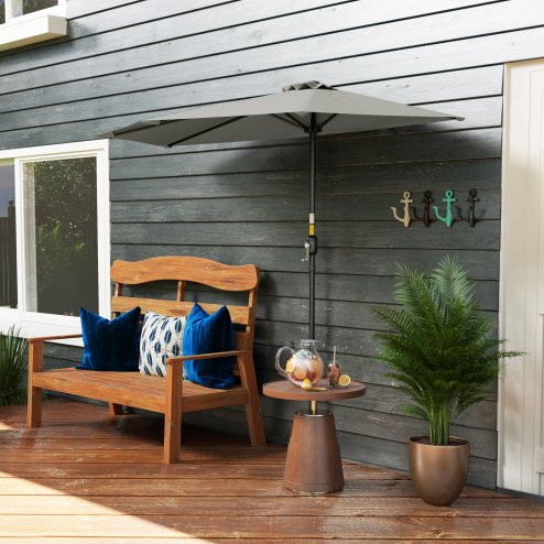 Outsunny 2.7m Garden Half Parasol, Outdoor Balcony Umbrella with 5 Steel Ribs, Patio Sun Shade, Light Grey