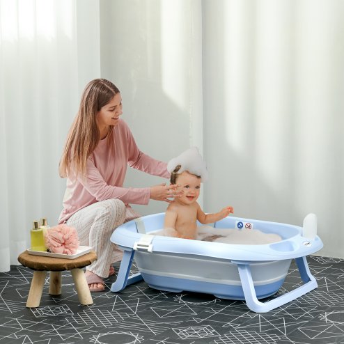 ZONEKIZ Foldable Baby Bath Tub Set, Collapsible Bathtub Antibacterial with Non-Slip Support, Cushion Pad, Shower Head Holder, for Newborn to Toddler Ages 0-6 Years - Blue