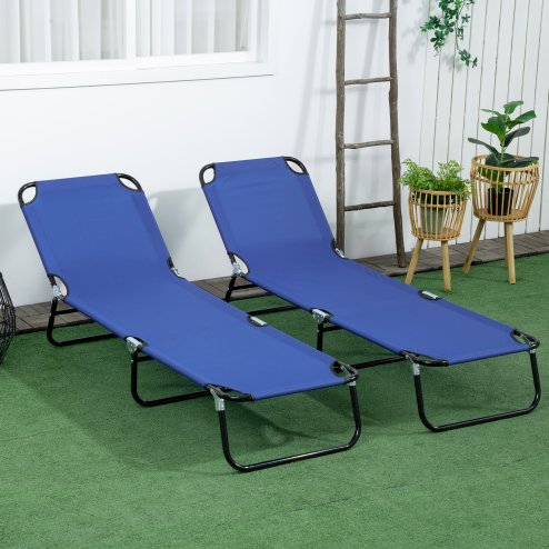 Outsunny Folding Sun Loungers Set of 2, Outdoor Day Bed with 5-Position Adjustable Backrest, Portable Recliner Garden Chairs with Breathable Mesh for Beach, Patio, Blue