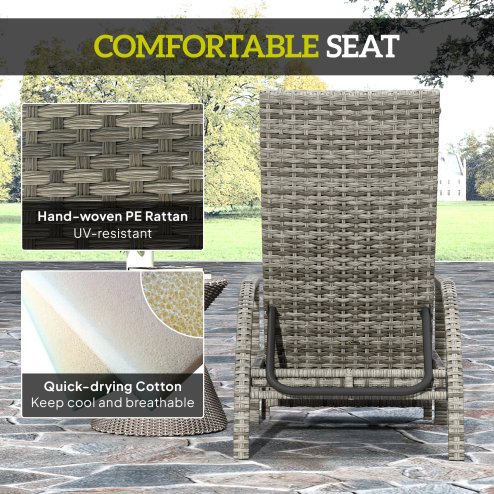 Outsunny PE Rattan Sun Lounger, Garden Lounger with 4-Level Adjustable Backrest, Outdoor Sunbed with Retractable Footrest for Balcony, Beach, Patio, Mixed-grey