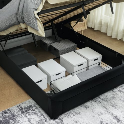 HOMCOM Double Ottoman Bed Frame, 4ft6 Gas Lift Storage Bed with 2-Level Adjustable Velvet Upholstered Headboard, Wheeled Drawer and Wooden Slats, No Mattress, Black