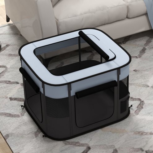 PawHut Dog Pen, Pet Playpen, Portable Foldable Dog Cat Playpen Soft Pet Cage with Storage Bag for Puppies, Rabbits, Kittens, Guinea Pigs, 74 x 60 x 45cm - Grey