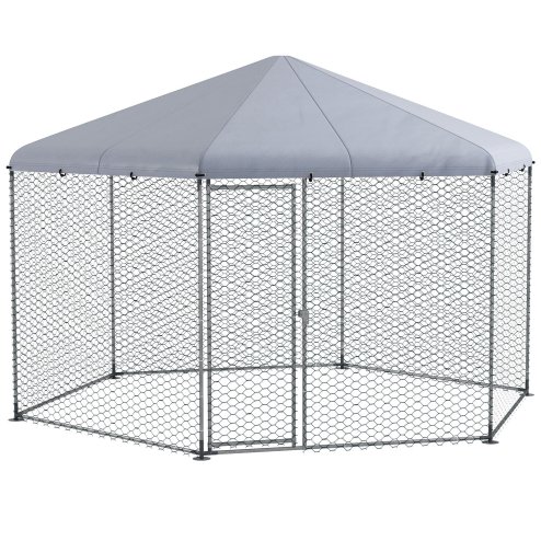 PawHut Walk in Chicken Run Chicken Coop Galvanised Outdoor Poultry Cage w/ Cover, for 10-15 Chickens, Hens, Rabbits, Ducks, 4 x 3.5 x 2.6m - Silver Tone