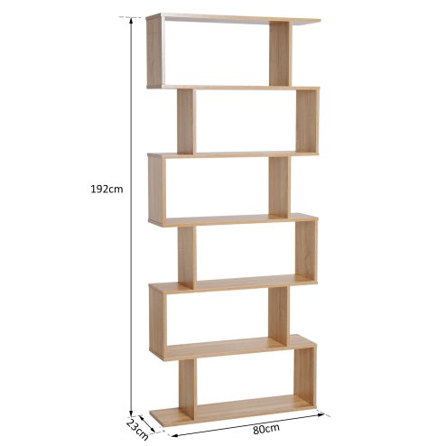 HOMCOM Bookcase, 6 Tier Shelf S Shaped Bookshelf, Storage Unit, Display Shelf for Living Room, Bedroom, Home Office, Plant