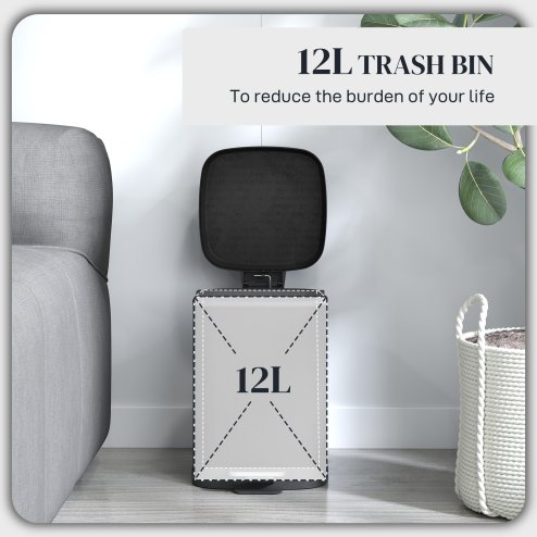HOMCOM 12 Litre Pedal Bin, Fingerprint Proof Kitchen Rubbish Bin with Soft-close Lid, Foot Pedal and Removable Inner Bucket for Recycling and Waste